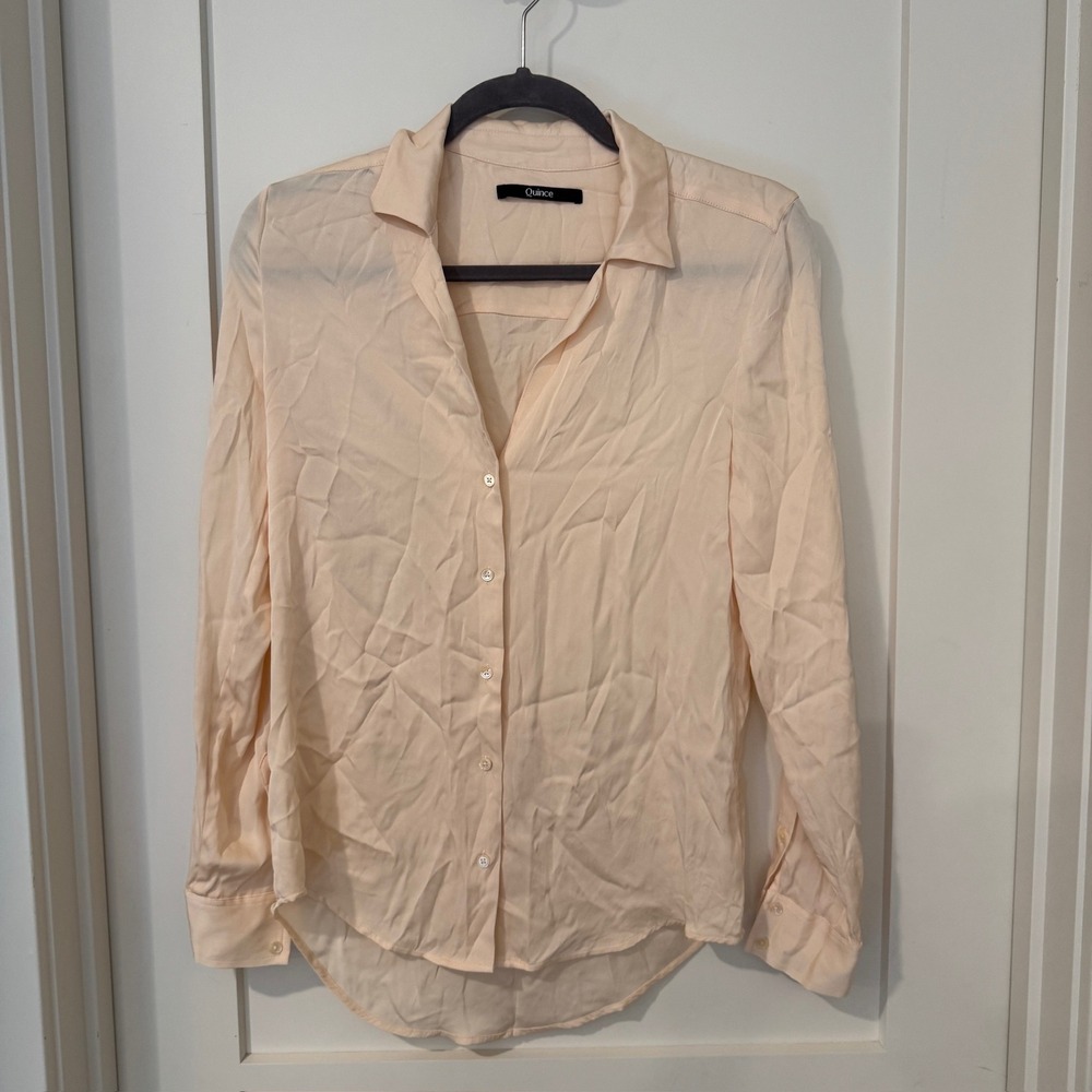Quince Womens Silk Stretch Long Sleeve Button Down Blouse Peach Champagne XS